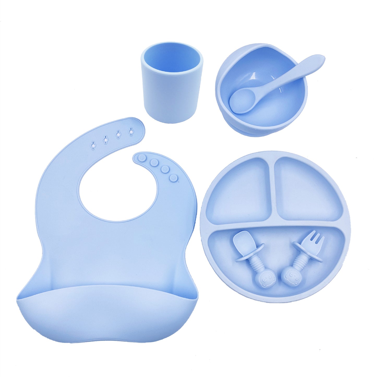 Set de vaisselle bébé en silicone – Bavoir, tasse, cuillère & fourchette (6 mois et +)