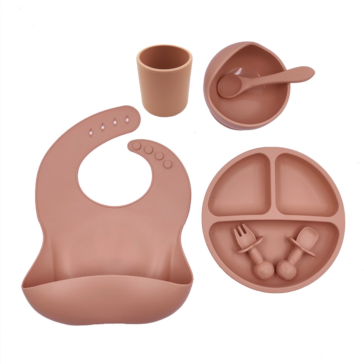 Set de vaisselle bébé en silicone – Bavoir, tasse, cuillère & fourchette (6 mois et +)