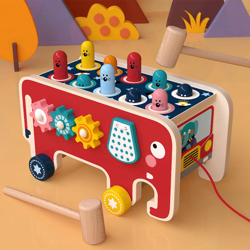 Wooden Montessori Toy - Hammering Bench &amp; Animal Bus for Toddlers