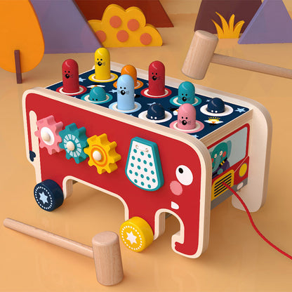 Wooden Montessori Toy - Hammering Bench &amp; Animal Bus for Toddlers